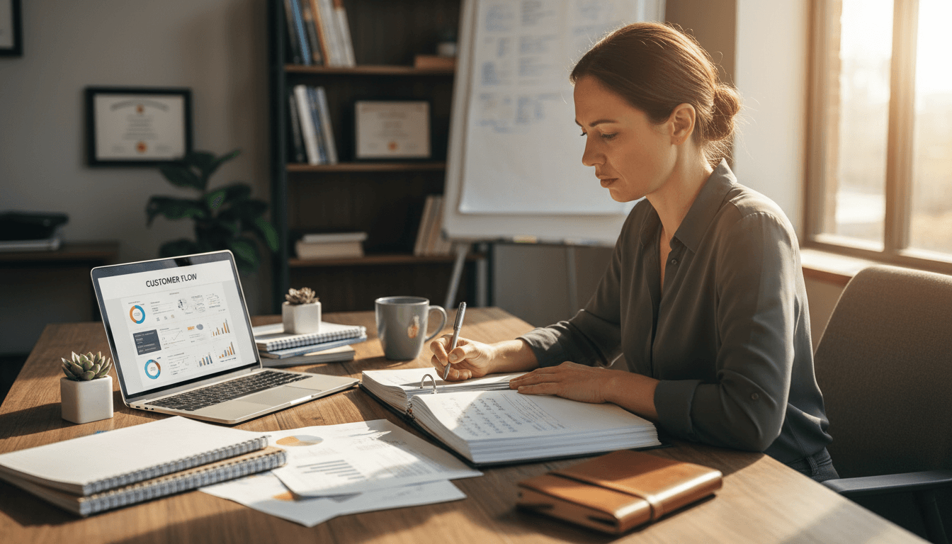 Business owner reviewing operational documentation at desk with CRM system visible