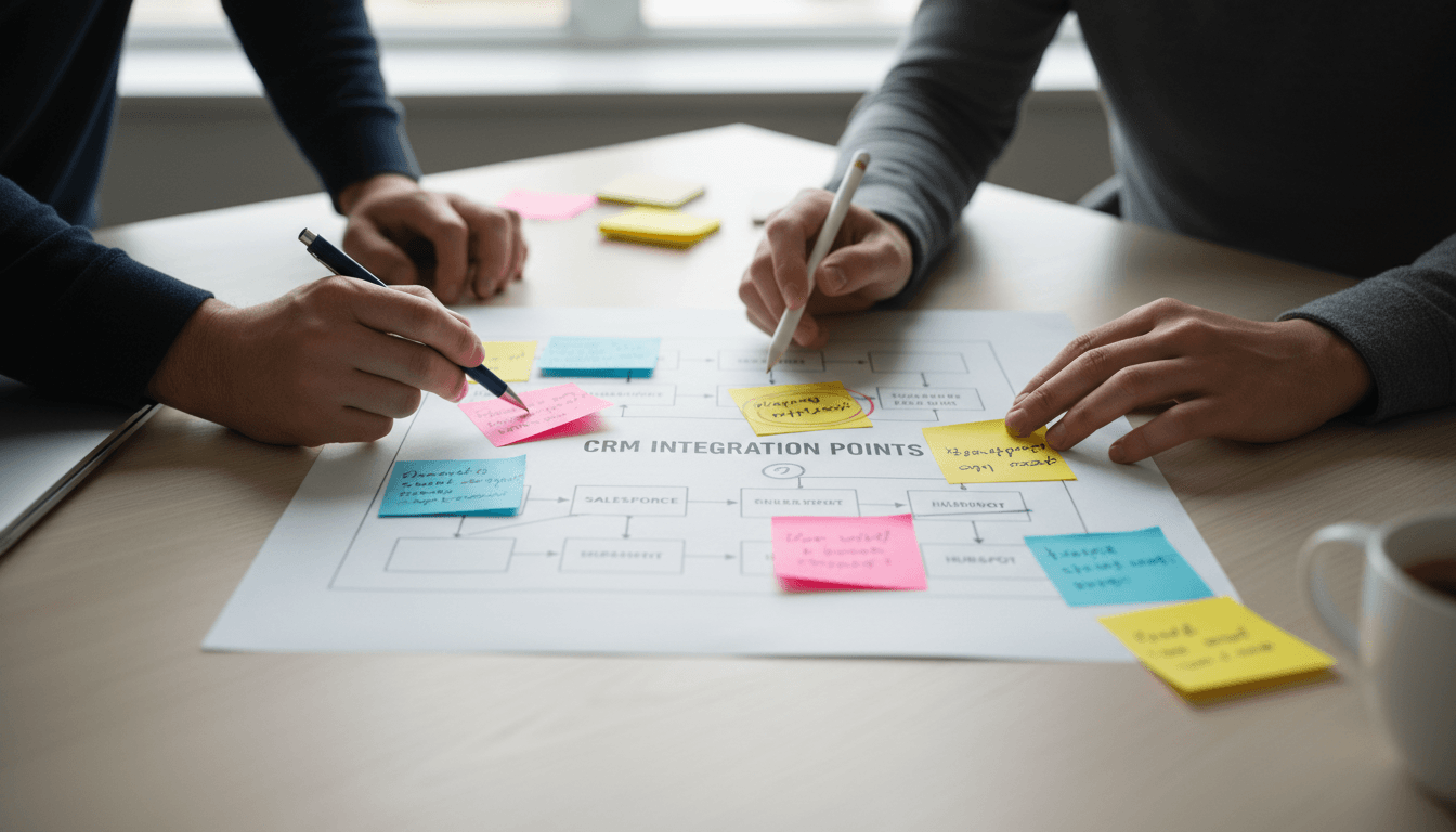 Hands pointing to workflow process diagram with CRM implementation notes
