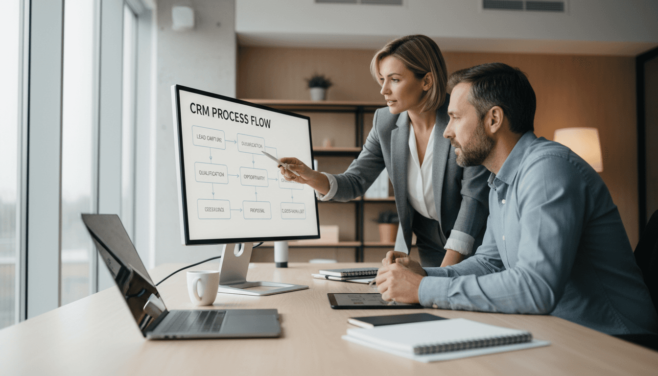 Consultant reviewing CRM process mapping with business owner